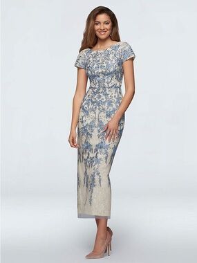 NWT Azazie Dusty Blue Sheath Scoop Lace Dress Lace-Patterned Midi Size 8